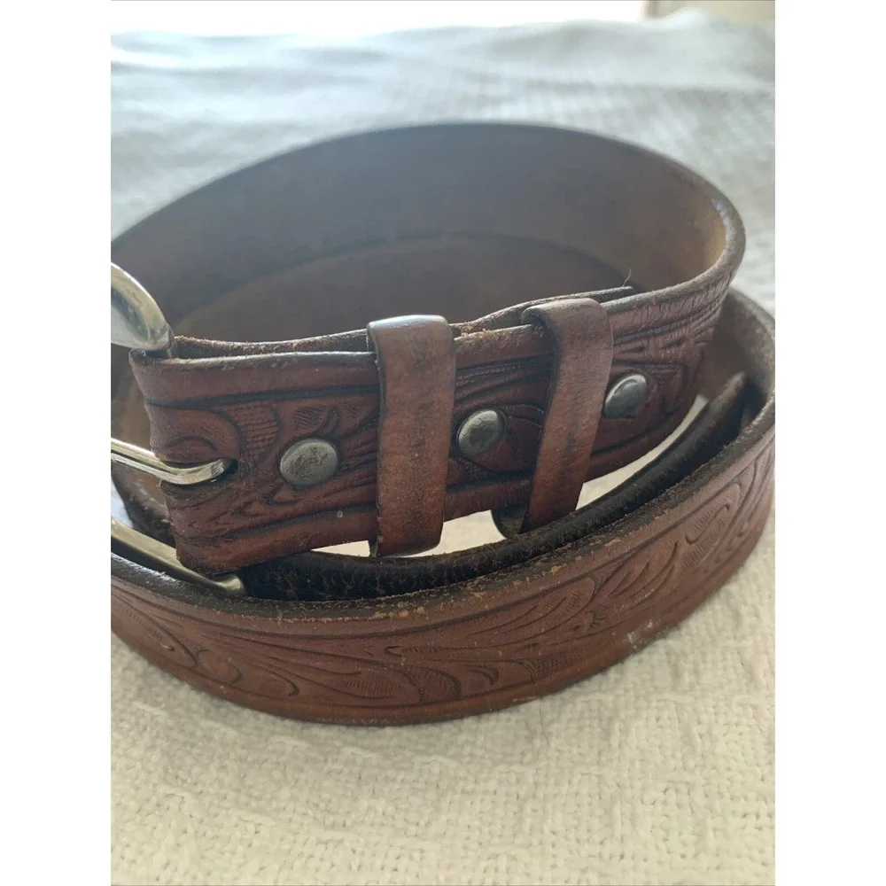 Vtg Tooled‎ Western Kids Belt Brown Leather Size 32